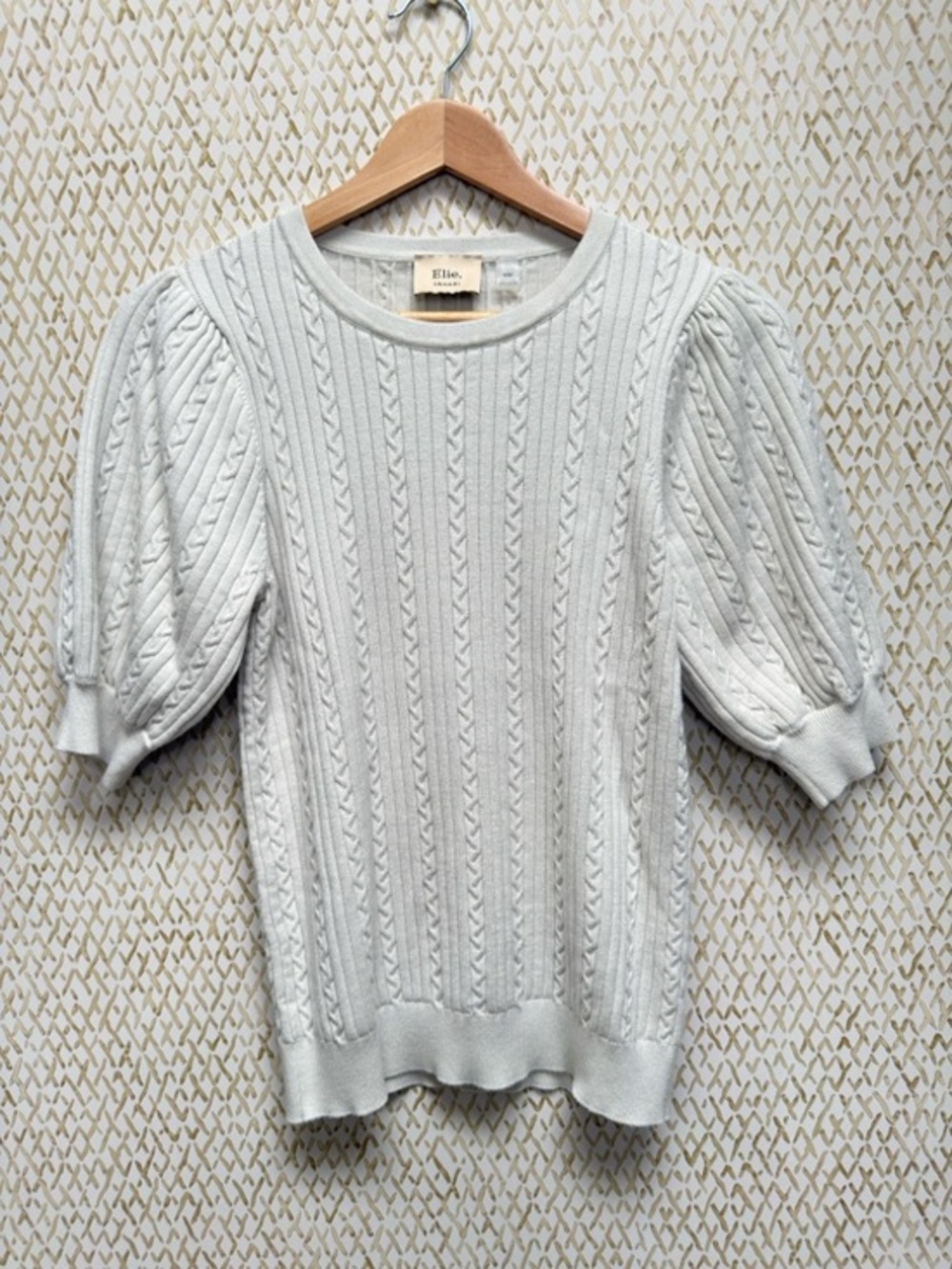 Elie Tahari Cream Cable Knit Puff Sleeve Top Balletcore Preppy Coquette Sz M